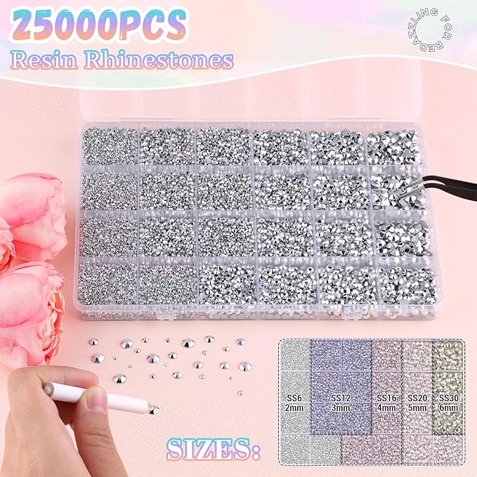 25000Pcs Silver Rhinestones for Bedazzling with B7000 Jewelry Glue, Non Hotfix Flatback Gems, Crystal Resin Rhinestones for Crafting Crafts Clothing Tumblers Mugs Shoes Fabric Decor Nail Art