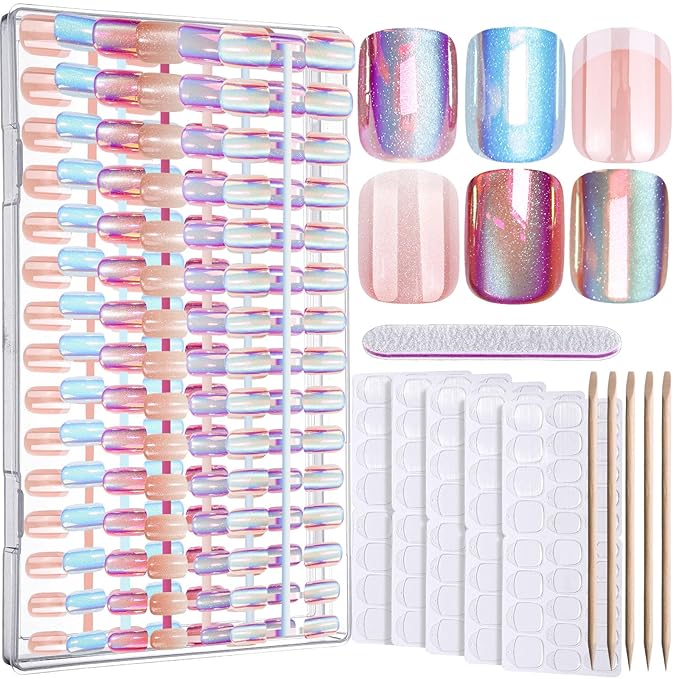 FANDAMEI Press on Nails, 6 Colors Chrome Press on Nails Short, Cat Eye Nails Short Round, Natural Fake Nails with Chrome Mirror Effect, Super Shiny Ombre, Glossy for Women with Salon Quality