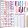 FANDAMEI Press on Nails, 6 Colors Chrome Press on Nails Short, Cat Eye Nails Short Round, Natural Fake Nails with Chrome Mirror Effect, Super Shiny Ombre, Glossy for Women with Salon Quality