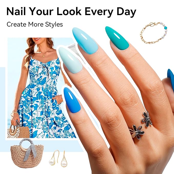Blue Nail Polish Set: 6 Colors Light Blue Dark Navy Teal Ocean Baby B lue Collection Toe Fingernail Polish, Quick Dry Non Gel, High Gloss Shine, Healthy Nail Art DIY Manicure Gift