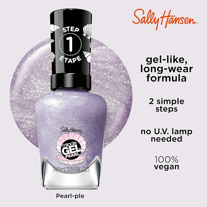 Sally Hansen Miracle Gel Salon Quality Nail Polish | Gel-Like Formula, Two-Step System, No UV Light Needed, Long Lasting | Opaque, Shimmery | 908 Pearl-ple | Pearlescent Lilac Nail Color