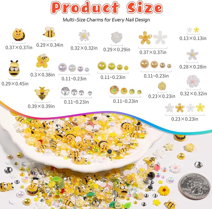 1200PCS Bee Flower Nail Charms Kit, 3D Daisy & Sunflower Resin Charms, Acrylic Bees, Half Pearls Rhinestones for Nail Art, DIY Crafts with Tweezers