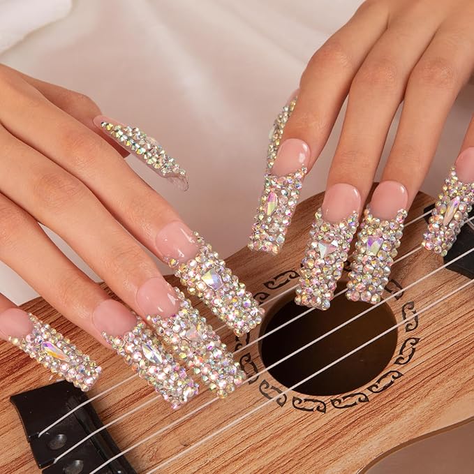 LOVFUL Press on Nails Angel's Tear Rhinestone | Handmade with Full Covered Crystals | Reusable Fake Nails | Square Mid length 1.7in | H48-S