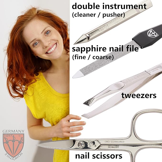 3 Swords Germany - brand quality 3 piece manicure pedicure grooming kit set for professional finger & toe nail care scissors tool genuine leather case in gift box, Made in Solingen Germany (77105)