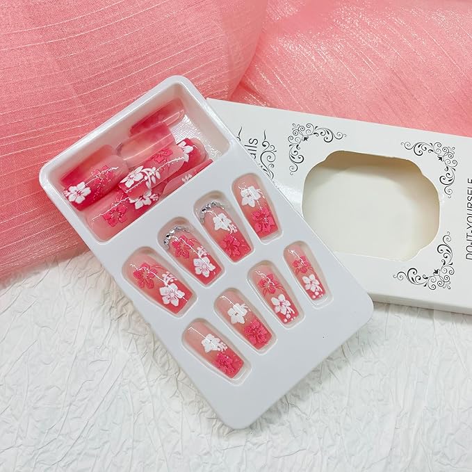 Square Press on Nails Medium Fake Nails with Designs White Flower Stick on Nail Rhinestone Acrylic False Nail French Glossy Artificial Nail Full Cover Glue on Nails for Women
