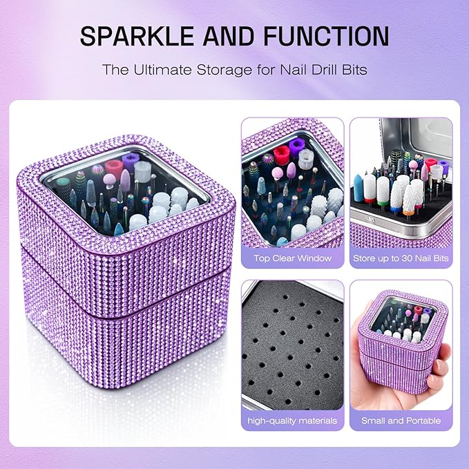 Nail Drill Bits Set with Storage Case: 30pcs 3/32 Inch Carbide Diamond Ceramic Professional Salon Kit for Acrylic Nails, Multi-Function for Women Nail Artists Manicure Pedicure (Purple)