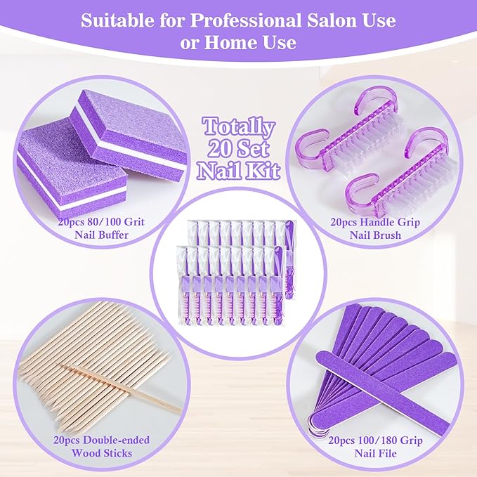 20 Sets Disposable Manicure Kit Basics 4 Piece Nail Kit for Travel,Handle Grip Brush,Mini Nail Buffer Nail File and Wood Stick for Gifts Salon Home Professional(20 Set -Purple)