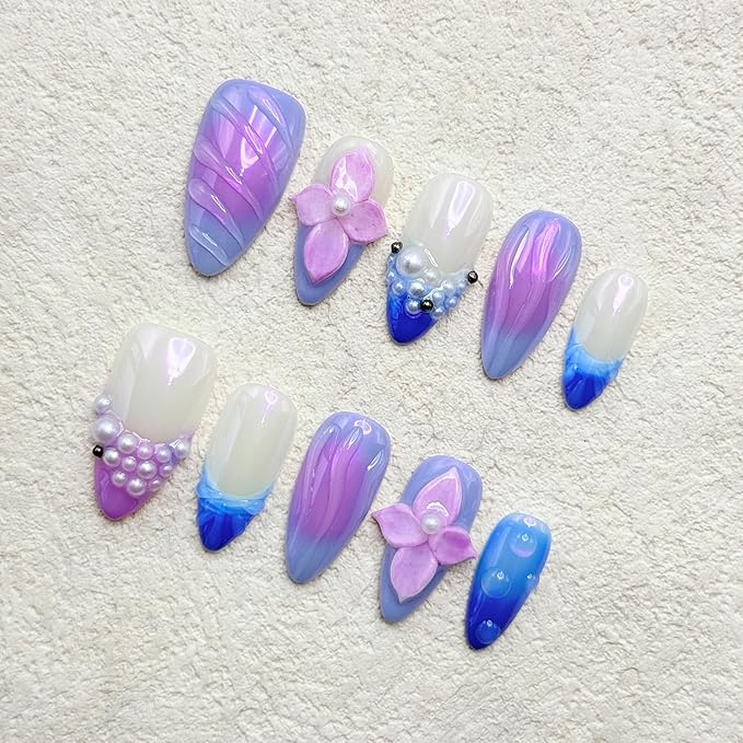 Thick Press on Nails Handmade Nails Medium Almond Nails Aurora Purple Fake Nails with 3D Flower Art Design Reusable Acrylic False Nails with Glue, Nature Stick on Nail for Wome (Size S)