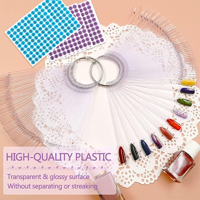 BQAN 200 Pcs Nail Swatch Sticks with Ring, Nails Art Display/Nail Practice Sticks for Home or Salon Use, 4 Pack Number Stickers