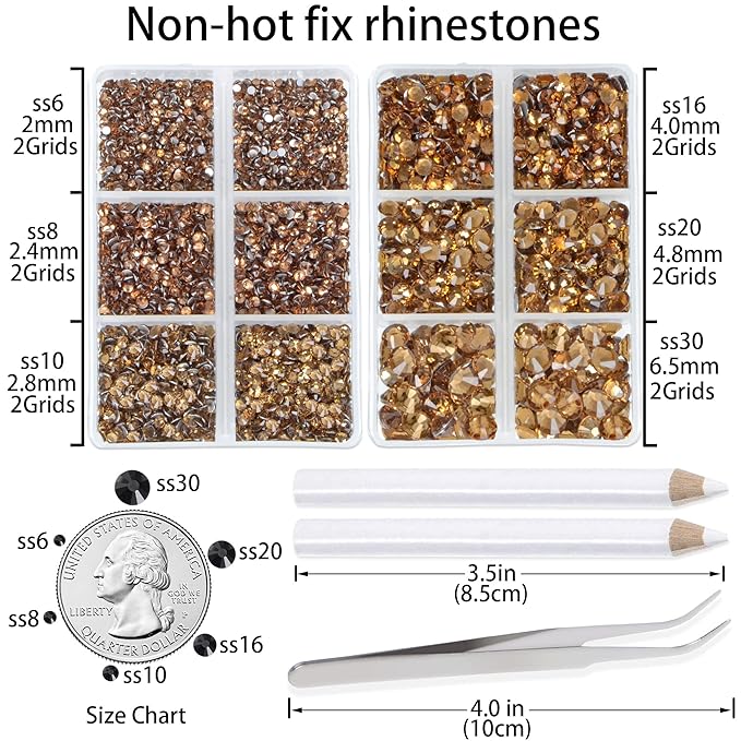 LPBeads 6000 Pieces Lt Topaz Non Hotfix Rhinestones 6 Sizes Round Crystal Glass Flat Back Rhinestones with Tweezers and Picking Pen for Nail Art Crafts Clothes Bags DIY