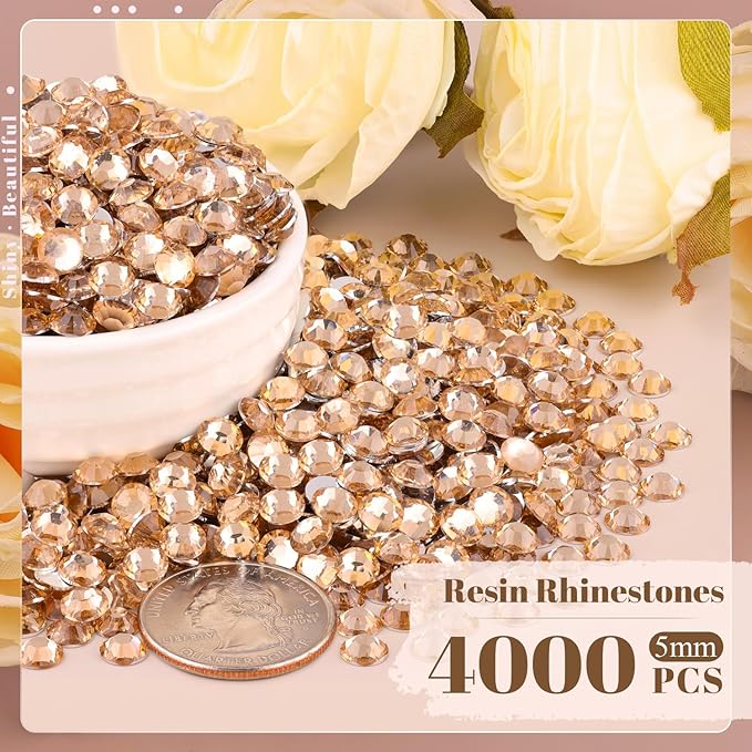 4000PCS 5mm Resin Rhinestones Bulk for Crafting (Champagne), Flatback Bedazzling Crystals for Crafts DIY Nail Decoration, Gems Charms for Tumbler Shoes Clothing Fabric with Pickup Pen and Tweezers