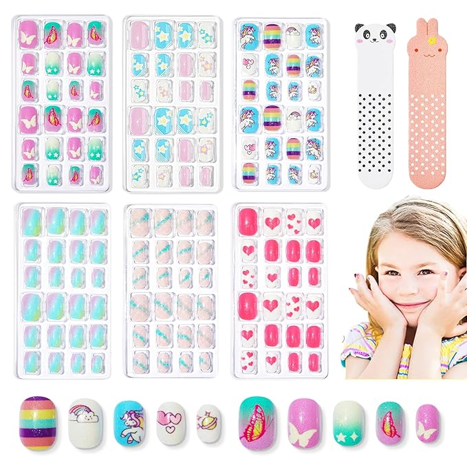Modelones Press on Nails for Kids 144Pcs 6 Pack Children Acrylic Fake Nails Pre-glue Full Cover Glitter Color Starts Unicorn Butterfly False Nail Kits Sets Thanksgiving Christmas Gifts for Girls
