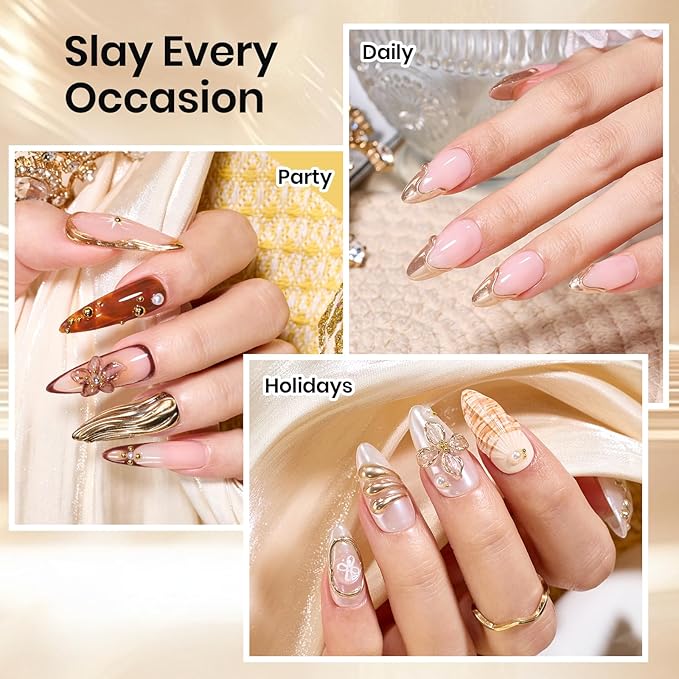Beetles Sculpting Gel 3D Gel Nail Art 3 in 1 Clear No Wipe Nail Polish Rhinestone Art Glue Gel for Drawing, Molding, Gems and Decoration with Golden Chrome Nail Powder for DIY Nail Designs, 15g