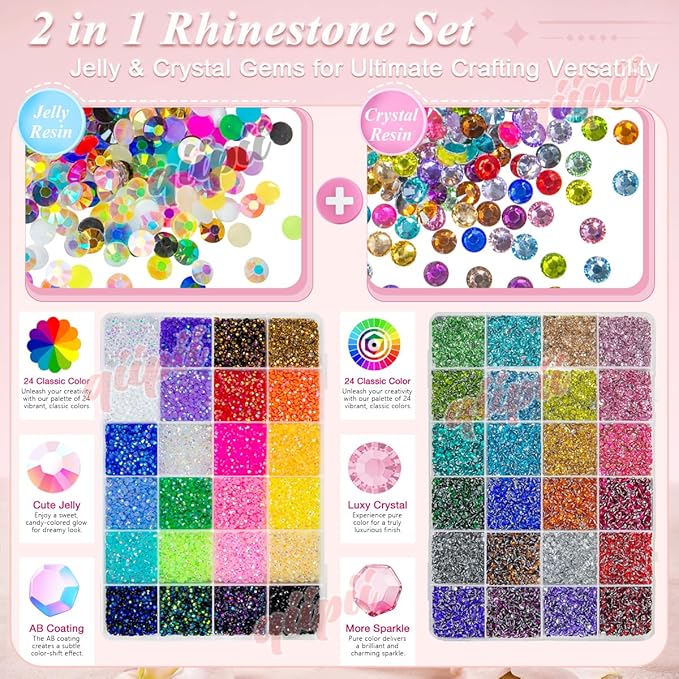 48 Color 3mm Jelly AB & Crystal Colorful Resin Rhinestones for Bedazzling Crafting SS10 Flatback Stones Gems Diamonds Charms for Nails Eyes Face Makeup Beauty Tumblers Bottles DIY Crafts Shoes