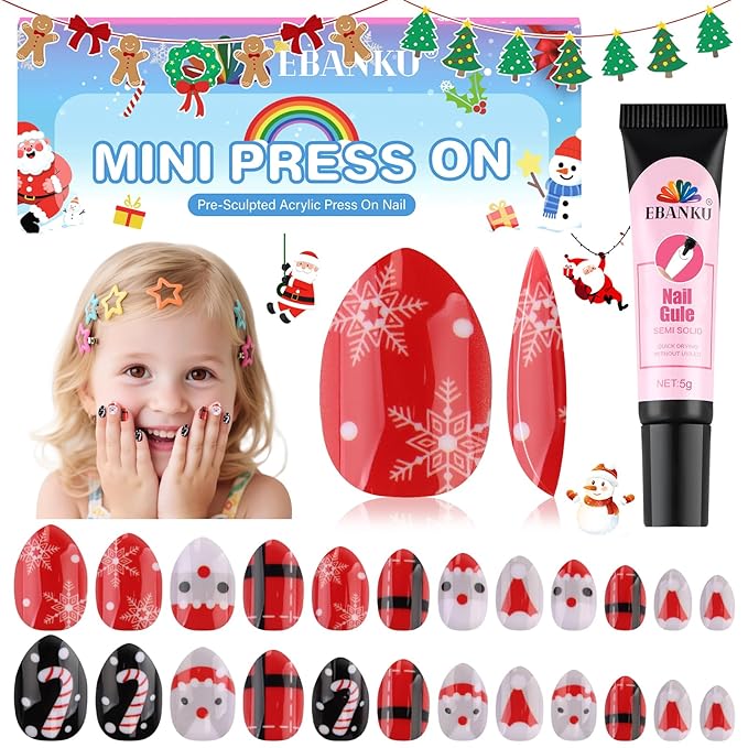 24Pcs Christmas Press on Nails, Fake Nails Full Cover Cute False Nails with Classic Christmas Designs Red Glossy Stick on Nails for Girls Kids with Nail Glue