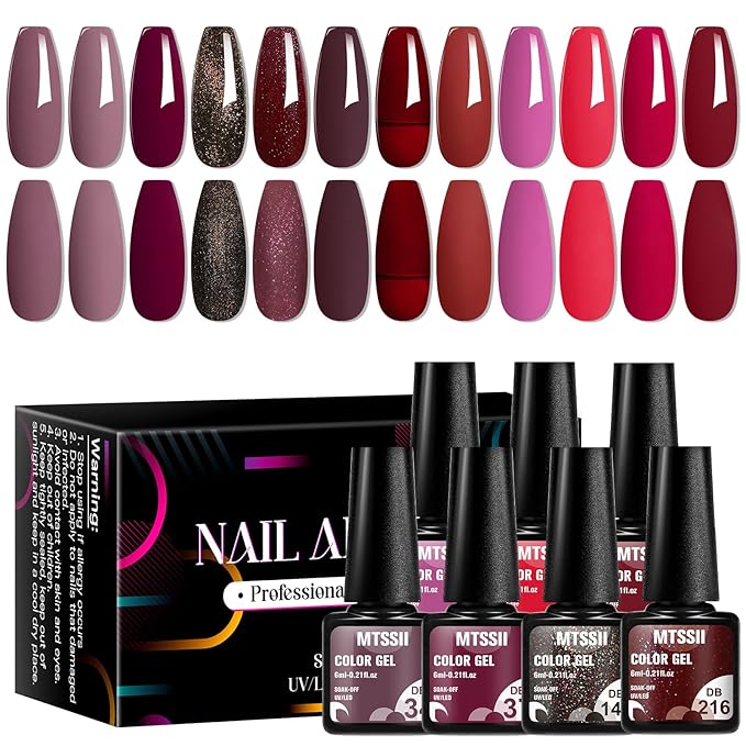 MTSSII Red Gel Nail Polish Set 12 Colors, Bloody Mary Collection Popular Shimmer Red Burgundy Gel Polish Dark Red Purple Champagne Glitter Nail Polish Gel Manicure DIY Salon Nail Art Gifts