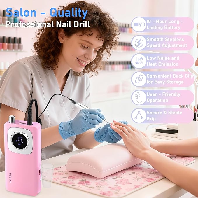 Electric Nail Drill Professional 45000 RPM, Rechargeable Cordless Electric Nail File Machine Kit for Acrylic Gel Nails Polishing Removing, Quiet E-File with Bits for Manicure Salon Home
