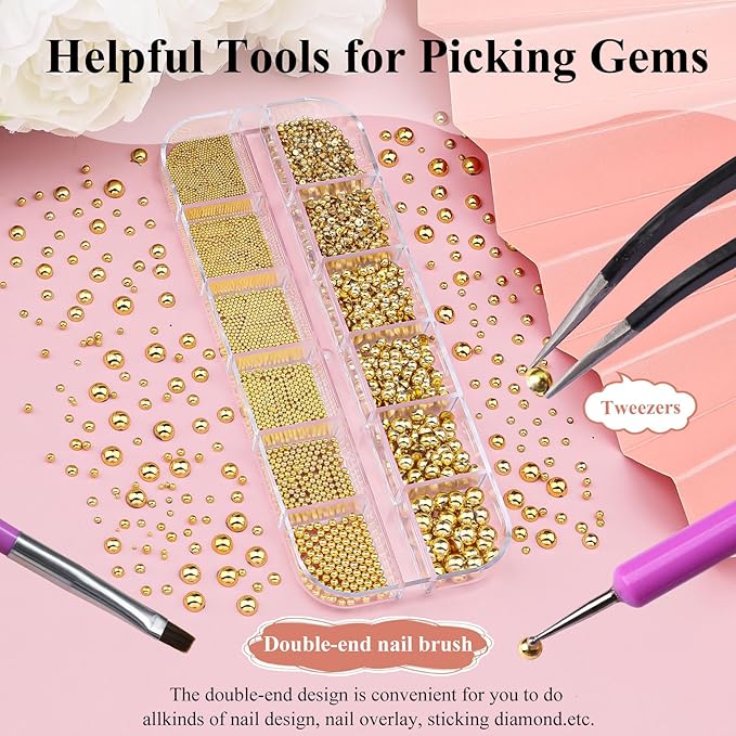Gold Nail Charms Caviar Beads for Nails, 1.5-5mm Half Round Flatback Nail Pearls 0.7-2mm Gold Beads with Pickup Tools for Nails Face Eyes Makeup (32-K1-5)