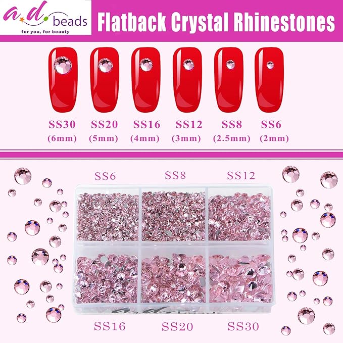 AD Beads 4300 Pieces Flat Back Nail Art Rhinestones Round Beads 6 Sizes (2-6.5mm) with Storage Organizer Box,Rhinestones Picking Pen for Nail Art Phone Decorations Crafts DIY (Pink)