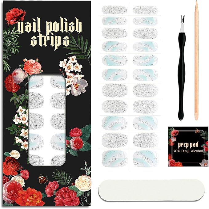 Nail Polish Strips (No UV Lamp Needed) - 22 Pcs Salon Quality Gel Nail Stickers - Long Lasting Wraps (Crystal Ice Sliver)