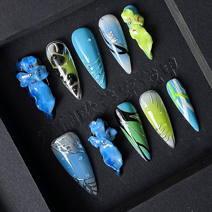 Thick Press on Nails Handmade Nails Long Almond Fake Nails with Glue,Blue Tropical Flower Art False Nails with Water Droplet Pattern Designs Reusable Nature Stick on Nail for Wome (Size M)