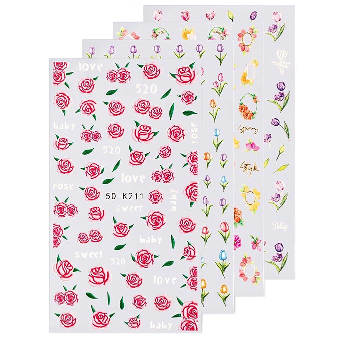 Nail Stickers, 4 Sheets Floral Nail Art Decals, Self-Adhesive 5D Embossed Designs for DIY Manicure
