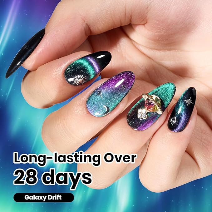 Beetles Stay Shining Cat Eye Gel Nail Polish - 15ML 9D Chameleon Cat Eye Green Purple Double Magic Colors Gel Polish with Magnet Soak Off UV Galaxy Drift Collection Nail Art Design Gift for Women