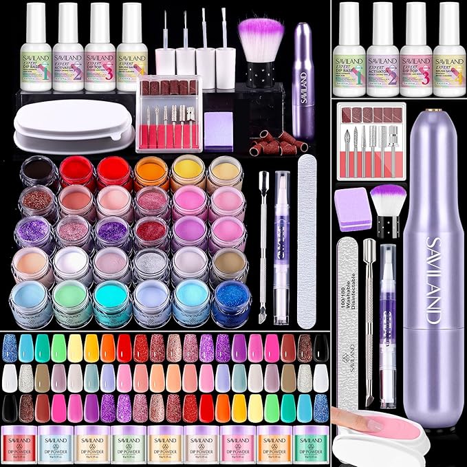 SAVILAND Dip Powder Nail Kit with Drill: Starter Set 30 Colors Summer Spring Keratin Dip Nails Powder with Dipping Liquid Set Activator Base Top Coat Cuticle Oil for DIY Manicure Art Christmas Gift