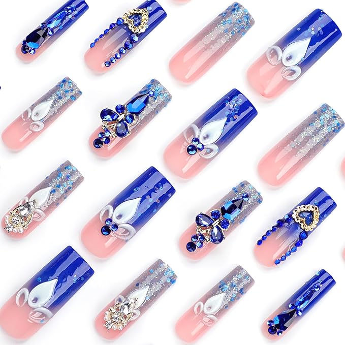 RTKHFZE Extra Long Press on Nails Square Fake Nails French Tip Acrylic False Nails with Blue Gradient Nails Designs with Rhinestones and Flower Artificial Nail Full Cover Glue on Nail for Women