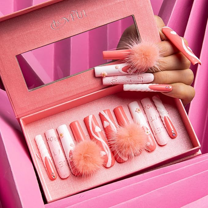 LOVFUL Press on Nails Pom Pom Love | Handmade with Full Covered Crystals | Reusable Fake Nails | Square | H93-L, pink