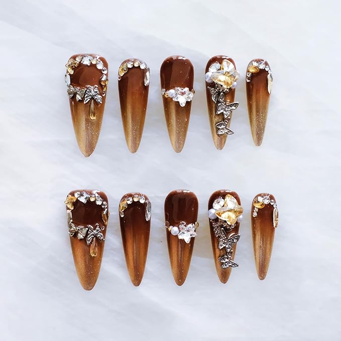 Luxury Long Stiletto Press-On Nails, Brown and Gold Stiletto with 3D Rhinestones and Pearls, Handmade False Nail 10 Pieces (Medium, LS)