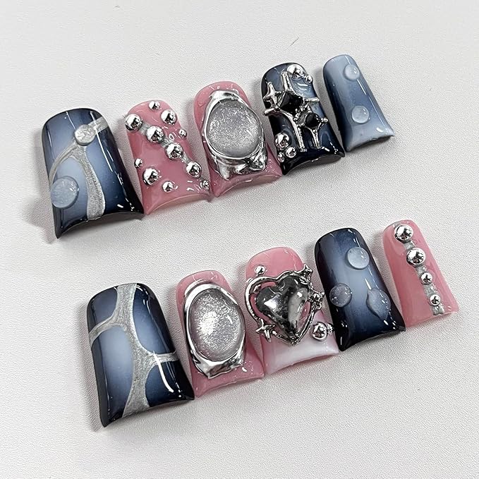 French Tip Press on Nails Handmade Short Duck 3D Flower Thick Acrylic Nails Gothic False Nails with Stars Rhinestones Water Drop Designs Black&White Glossy Fake Nail Sturdy Art Press on Nail 10Pcs(S)