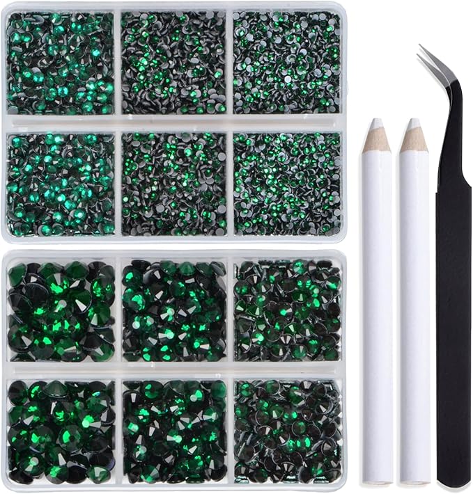 Bymitel Hotfix Crystal Rhinestones Round Gems for Crafts,Mixed 6 Sizes with Wax Pencil Kit, Emerald 1.6-6.3mm SS4-SS30/8000pcs