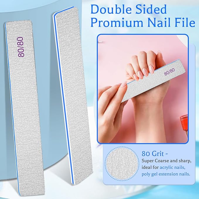 BLESWIN Nail Files 80/80, 25Count 80 Grit Acrylic Nail Files for Artificial Nails, Reusable Double Sided Buffering Files Emery Board for Nails Jumbo Zebra Nail File