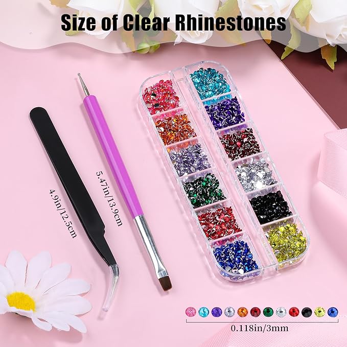 1800Pcs Small Resin Rhinestones for Nail Art, Colorful 3mm Bedazzling Flatback Crystals Nail Gems Nail Rhinestones with Pickup Tools for Manicure Decor Crafts DIY (7-K1-3mm-soild-color)