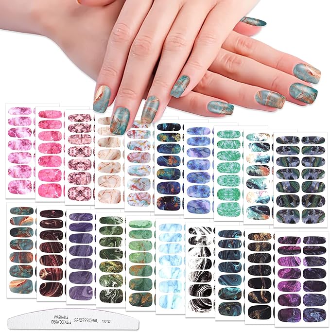 WOKOTO 280 Tips 20 Sheets Marble Design Nail Wraps Stickers For Nails Nail Polish Stickers Self-Adhesive Nail Polish Strips With Nail File For Women Girls Decoration Easy Application Gel Nail Strips