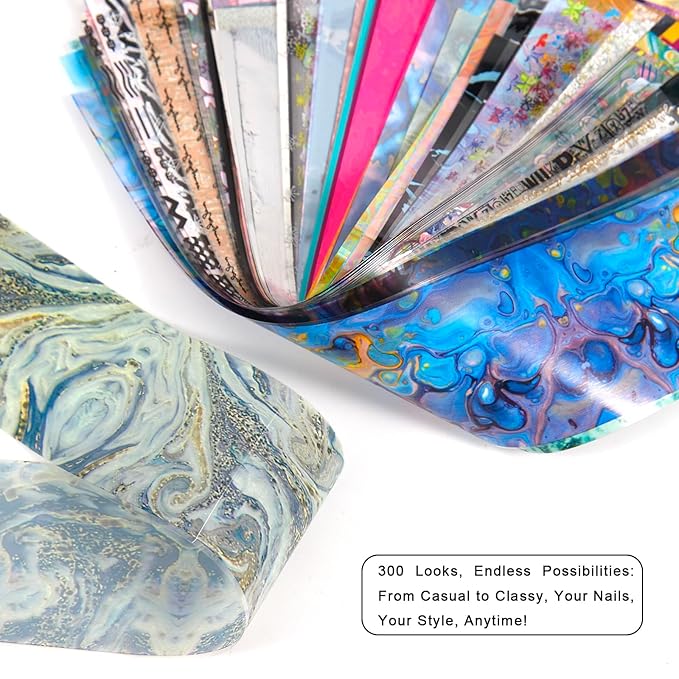 WOKOTO 300 Sheets Nail Foil Art Kit, Nail Foils Transfer Nail Art Stickers For Nails, Marble Gradient Holographic Leopard Stickers Gels Nail Polish Foil Transfer Sheets Set Manicure Nails Art DIY