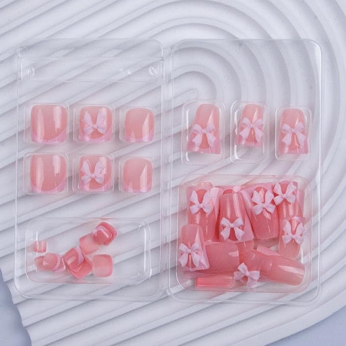 48Pcs Duck Shaped Press on Nails Short & Press on Toenails Set, Pink Bow Fake Nails French Press on Toe Nails Full Cover Stick on Toe Nails Wide Duckbill Acrylic Nails Kit for Women Manicure
