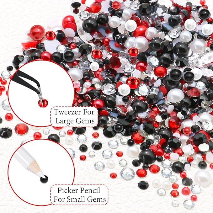 RODAKY 9000PCS Rhinestone Pearls for Bedazzling Red Black White Flatback Gems Half Pearls for Crafting Diamond Making Kit Clothing Shoes Nail Decor with Glue Tweezer Pickup Pen