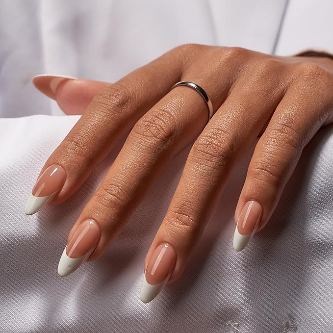 BTArtbox French Tip Press On Nails - Medium Press On Nails Almond, Natural Fake Nail with Nail Glue, Brown Glue On Nails in 16 Sizes - 32 Fake Nails Kit, Capable