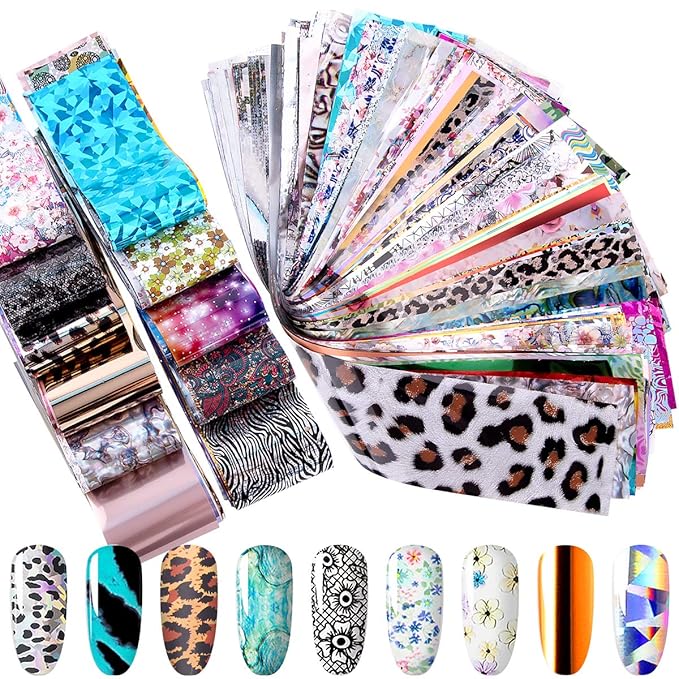Duufin 300 Sheets Nail Foils Nail Art Transfer Foil Stickers Laser Flower Color Sheet Adhesive Stickers Paper Starry Sky Stars Black White Lace Design for Nail Art DIY Decoration