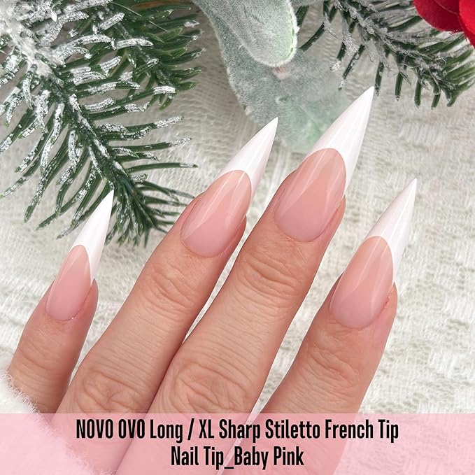 NOVO OVO White French Tip Long XL Sharp Stiletto Nail Tips Press on BABY PINK, Soft Gel Double Matte Fake Nail Extension, Full Cover False Nails for Acrylic DIY x 16 Sizes 160 pcs