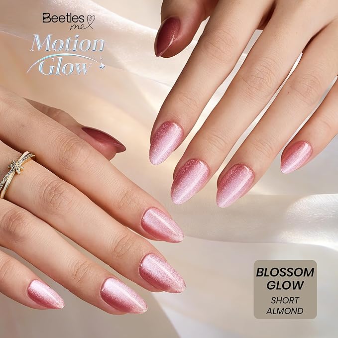 Beetles Motion Glow Nail Tips, 160PCS, 16 Sizes Short Almond Nail Tips, Cat Eye Magnet Full Cover Soft Nail Gel Fake Nails, Salon-Gel Look for DIY Manicure Blossom Glow