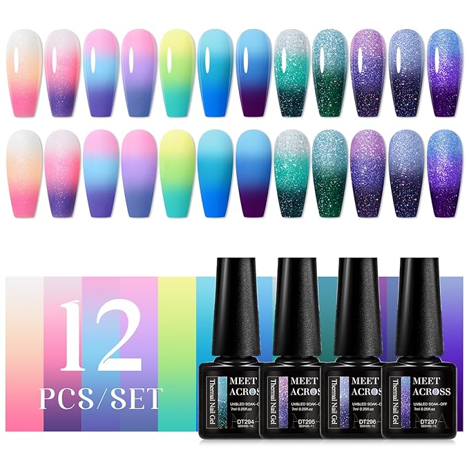 MEET ACROSS Glitter Thermal Gel Nail Polish Gel Temperature Color Changing Gel Polish Soak Off UV Gel Nail Polish Nail Art Varnish For Home Salon Manicure DIY 12 PCS/BOX