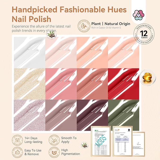 SAVILAND Nail Polish Set Valentines: Burgundy Dark Red Purple Green Quick Dry Nail Polish Regular Kit with Castor Oil Base and Top Coat Nail Lacquer Set DIY Art at Home Gift 12 Colors