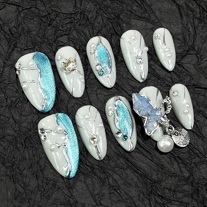 Almond Handmade Press on Nails Blue Glitter Acrylic Nails with 3D Irregular Pendant Design Nature Handmade Pearl Rhinestone Embossed Fake Nails Reusable Muti-Layer Gel Stick on Nails for Women (M)