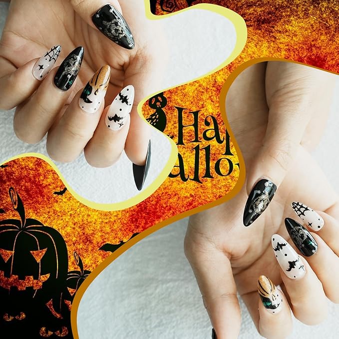 10pcs Almond Press on Nails - Halloween White Black False Nails with 3D Bat, Pumpkin & Cobweb Designs, Reusable Acrylic Press on Nails for Women (Spooky Vibes,M)