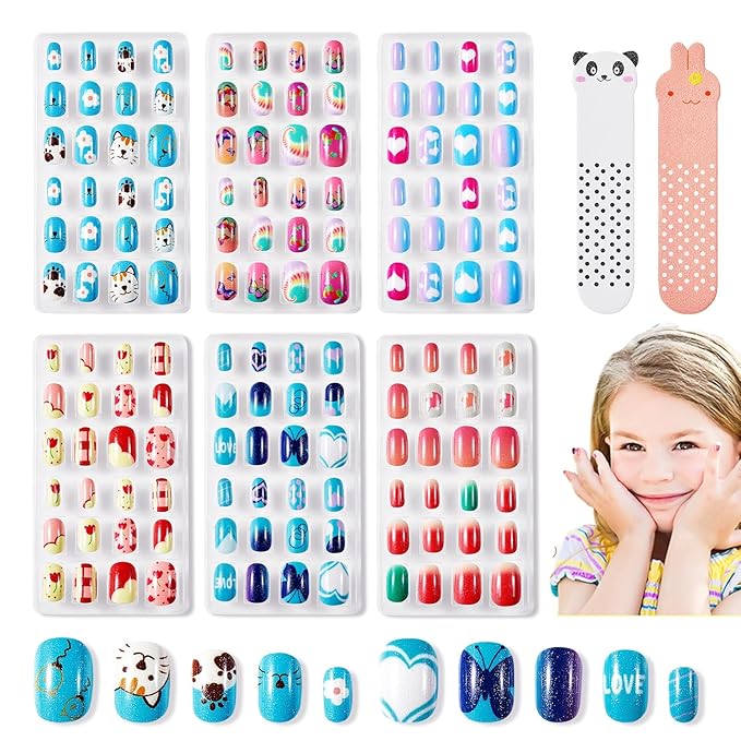 Modelones Press on Nails for Kids 144Pcs 6 Pack Children Acrylic Fake Nails Pre-glue Full Cover Glitter Gradient Color Heart Cat Short False Nail Art Kits Sets Christmas Gifts for Kids Girls