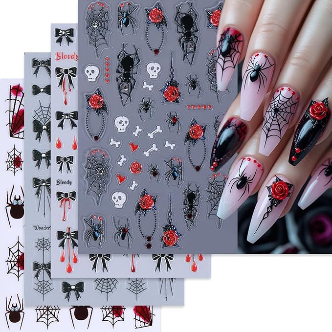 Red Black Halloween Nail Art Stickers Decal 5D Embossed Flower Spider Web Nail Stickers with Rhinestones Bow Blood Drop Nail Decals Self-Adhesive Spider Nail Art Decal for Women Halloween Decor