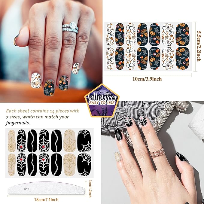 JERCLITY 224 Pieces 16 Sheets Halloween Nail Wraps for Short Nails Halloween Nail Polish Strips Cobwebs Ghosts Spider Haunted House Jack-o'-Lantern Nail Stickers for Women